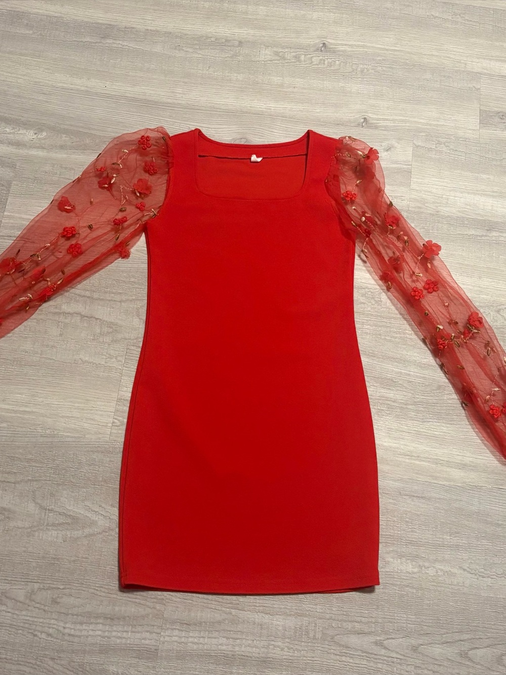 Red Sheer Floral-Sleeve Bodycon Dress